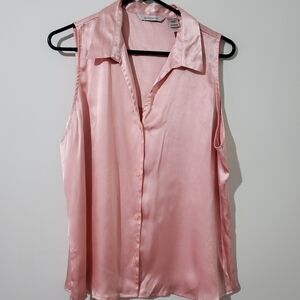Delicates XL Blush Pink Satin Sleeveless Blouse Collared Button Down Business